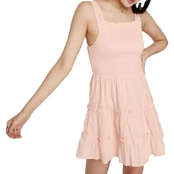 Wild Fable Smocked Mini Dress Tiered Square Neck Stretch Cotton Peach Medium - Picture 1 of 6
